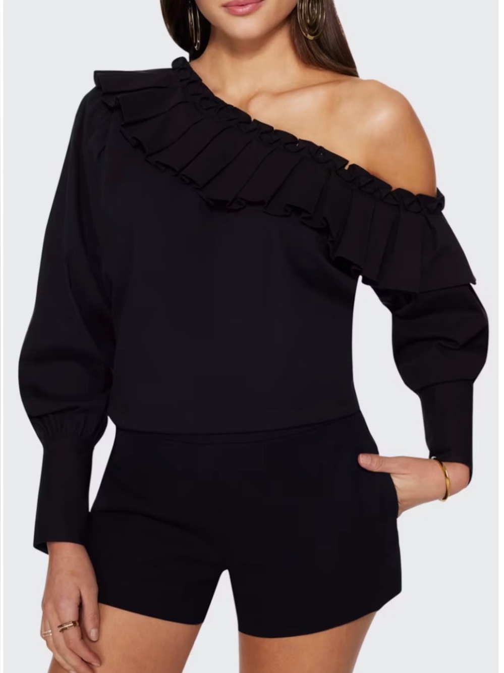 Ramy Brook Trixie Off the Shoulder Black Ruffle Long-Sleeve Top